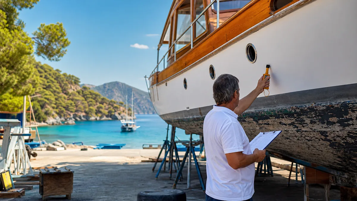 A surveyor taking notes while inspecting the flaking hull of a hauled-out boat
