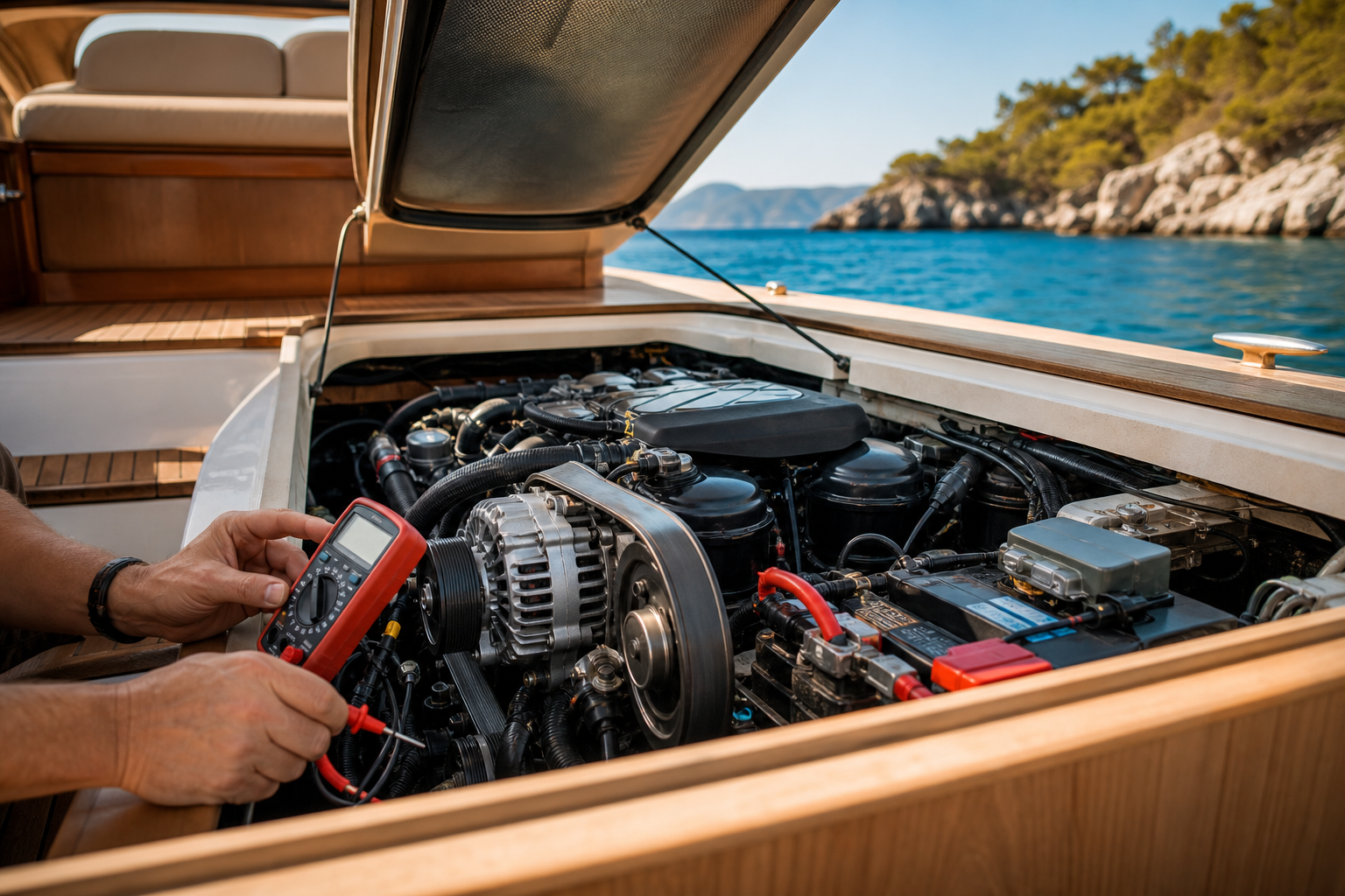 Electrical measurement in the engine bay with a multimeter, alternator and cable terminals