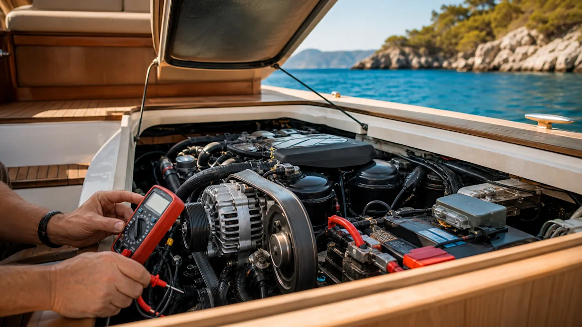Electrical measurement in the engine bay with a multimeter, alternator and cable terminals
