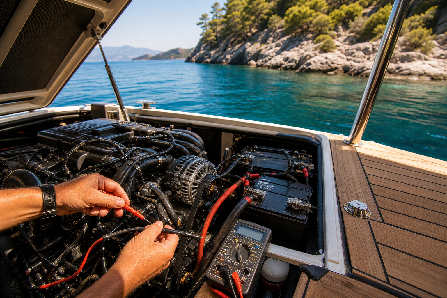 Motor bölmesinde multimetre ile akü ve kablo uçlarının ölçülmesi