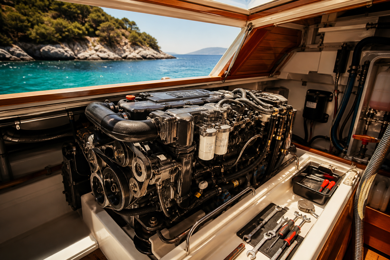 Açılmış motor bölmesinde marin dizel ve hazırlanmış takım çantası