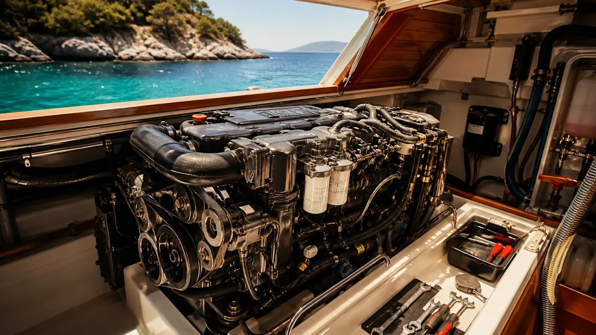 Açılmış motor bölmesinde marin dizel ve hazırlanmış takım çantası