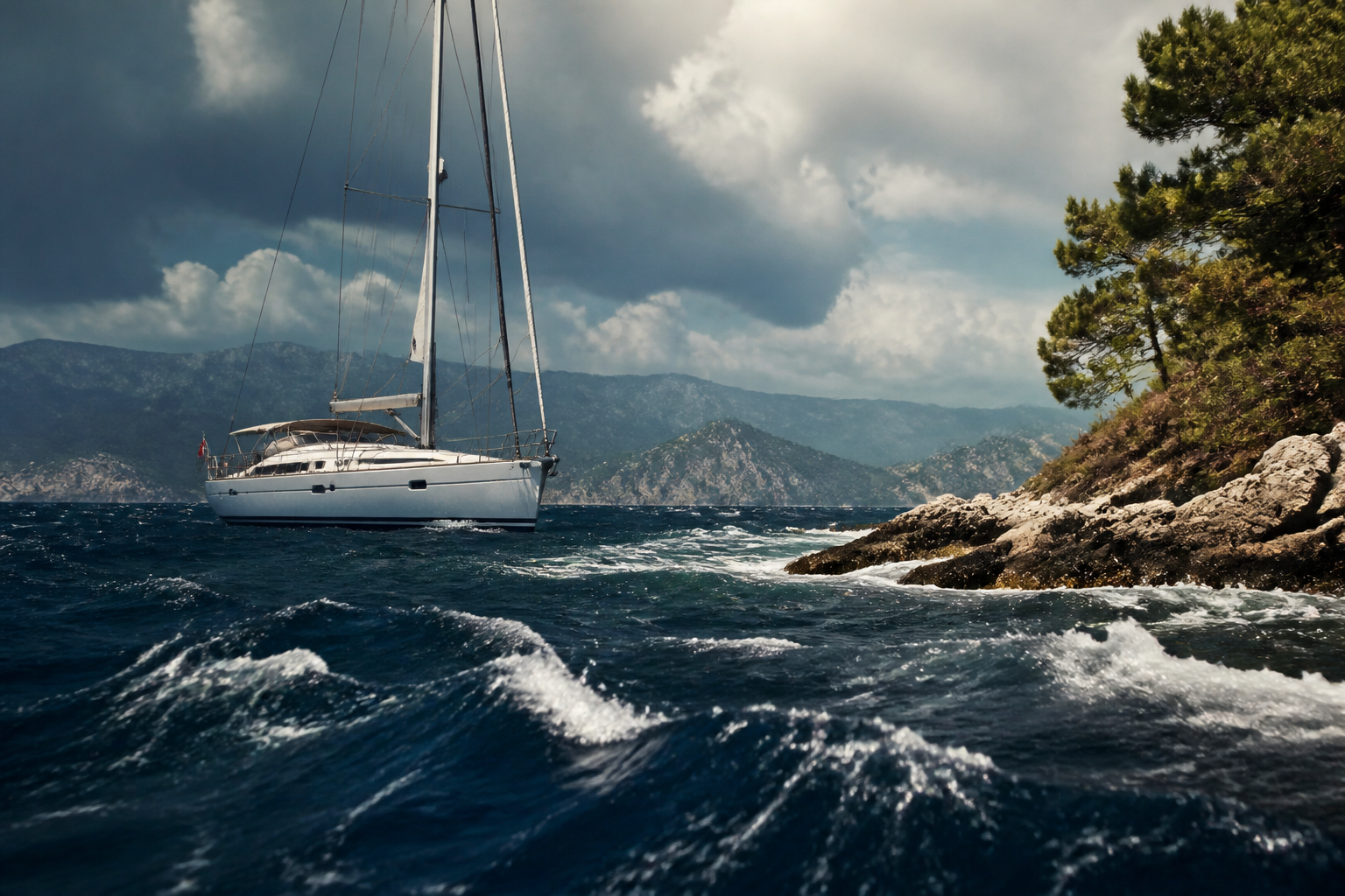 A sailing yacht at anchor in choppy water under a heavy sky