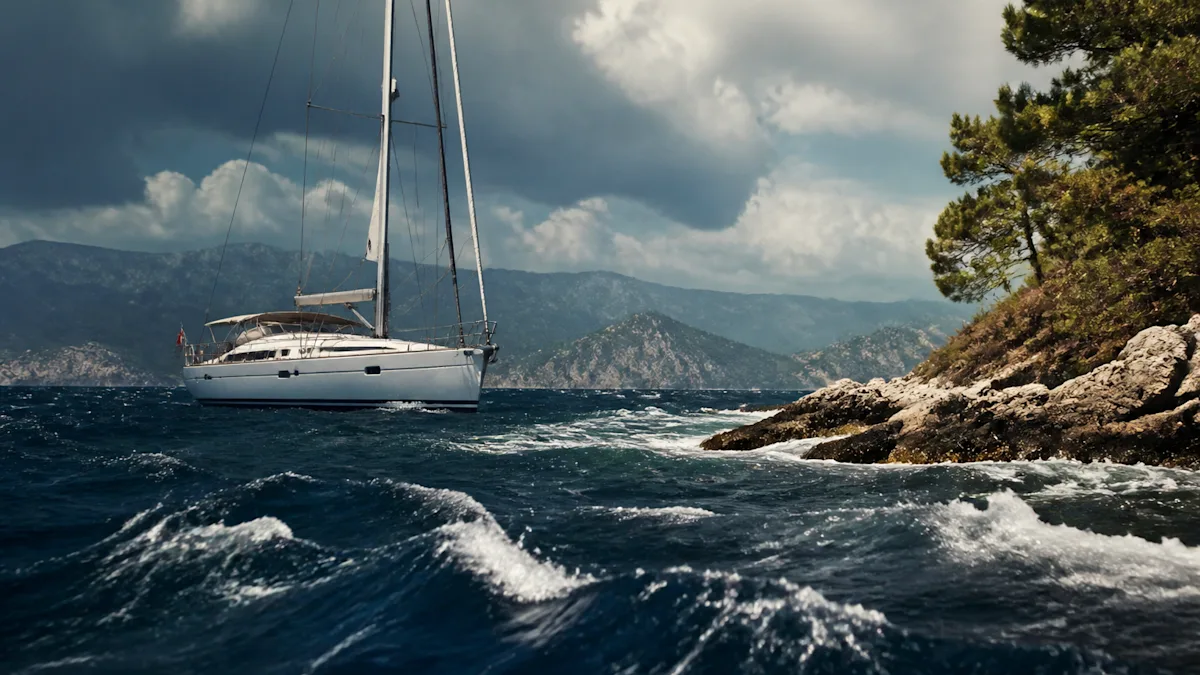 A sailing yacht at anchor in choppy water under a heavy sky