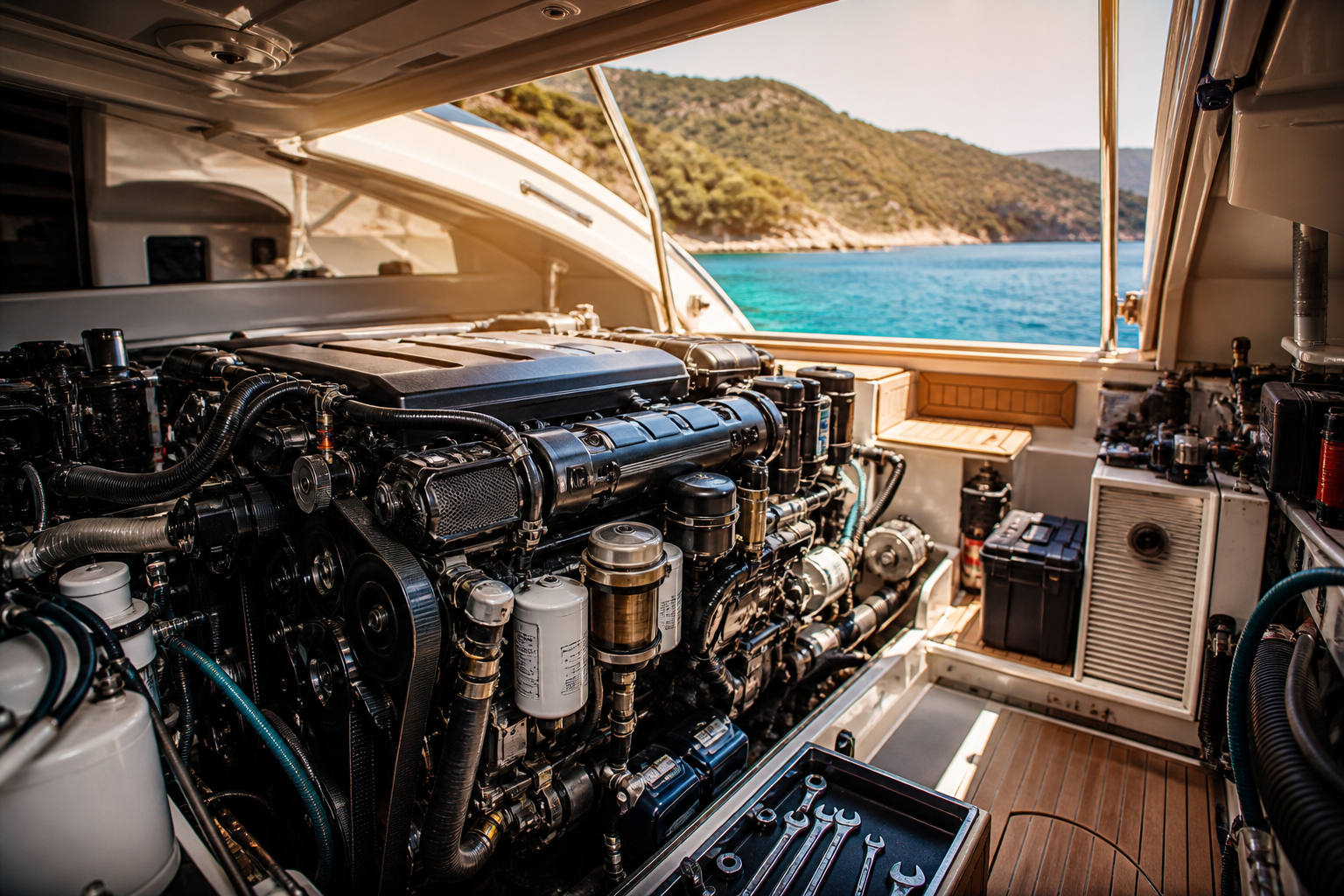 A marine diesel in the opened engine bay with a tidy tool set