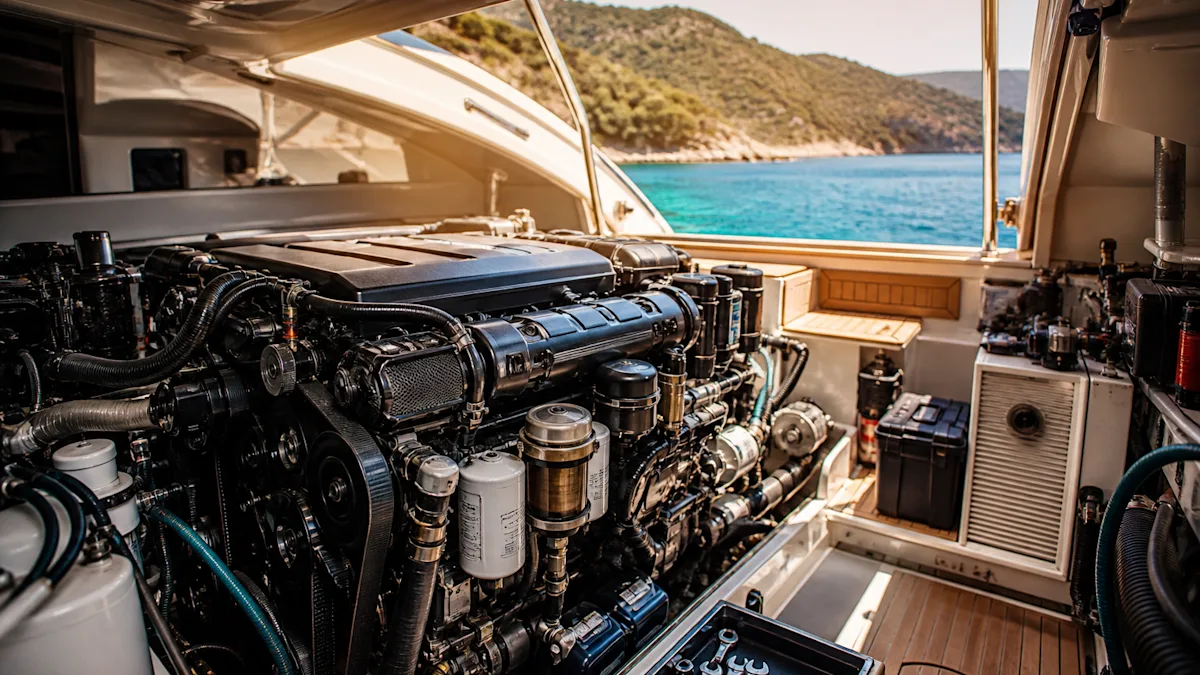 A marine diesel in the opened engine bay with a tidy tool set