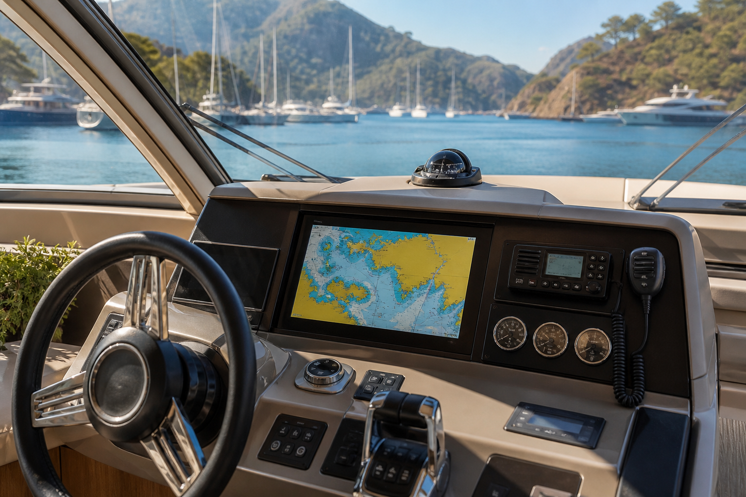Dümen konsolunda chartplotter, VHF telsiz ve seyir göstergeleri