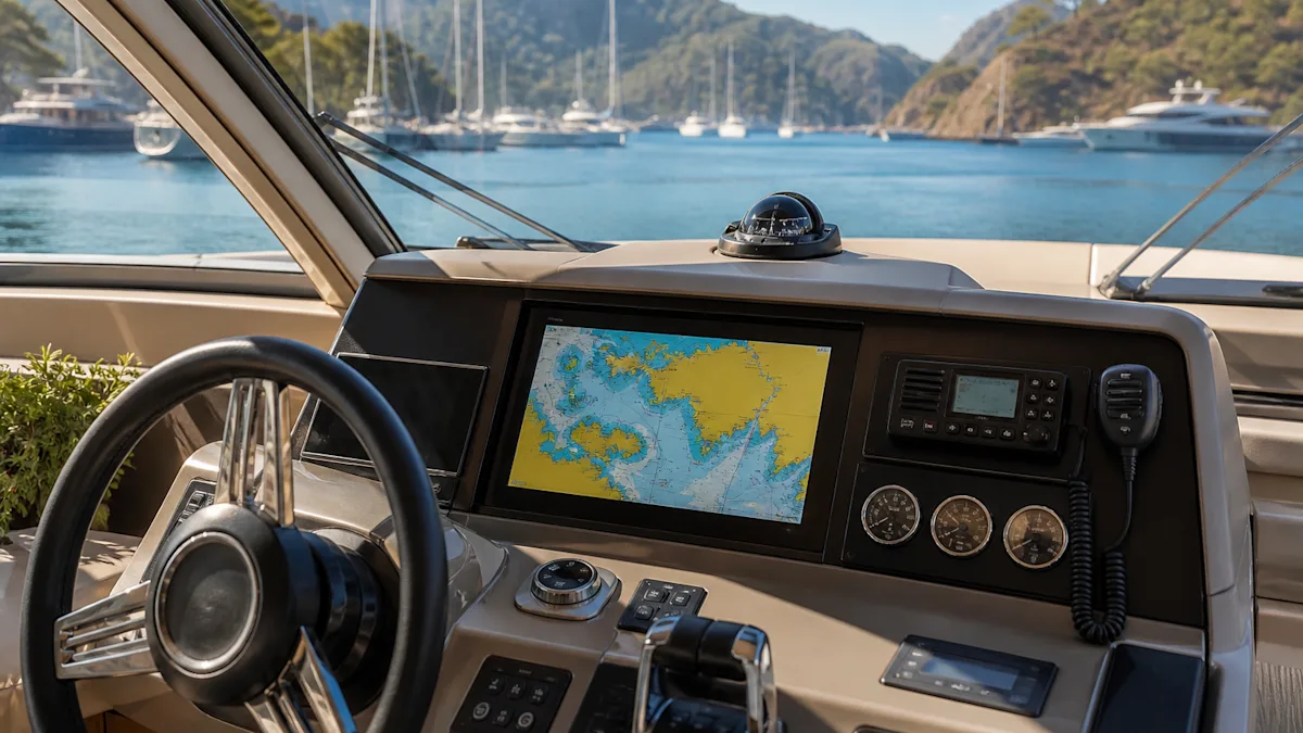 Dümen konsolunda chartplotter, VHF telsiz ve seyir göstergeleri
