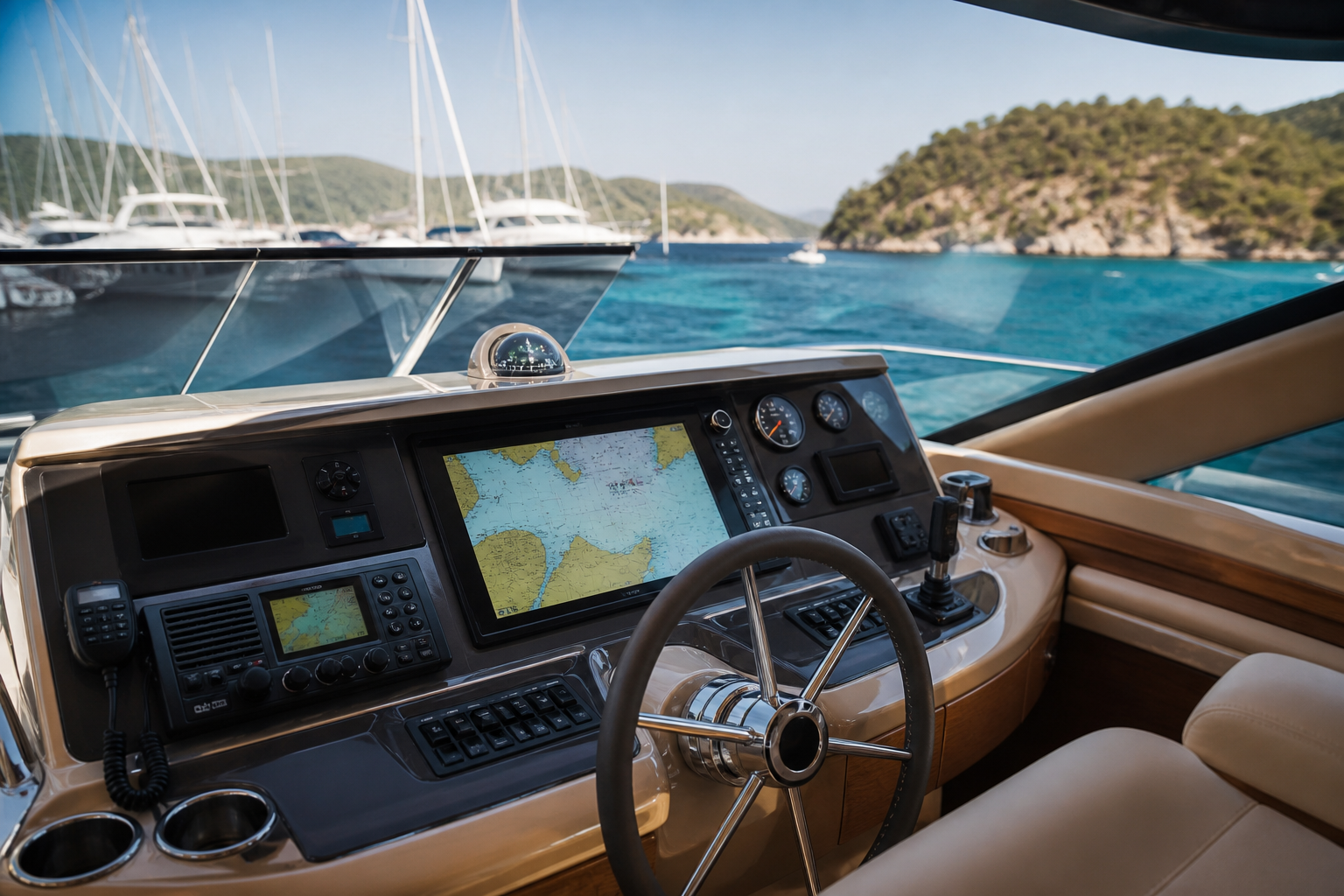 Dümen konsolunda chartplotter, pusula ve seyir göstergeleri