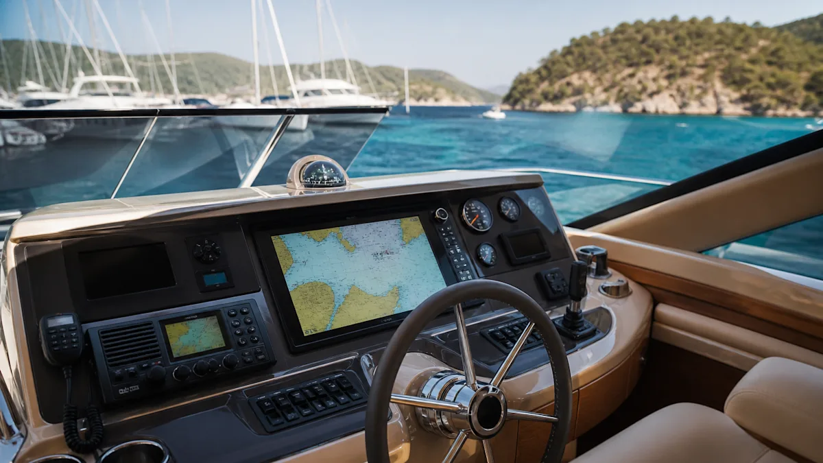 Dümen konsolunda chartplotter, pusula ve seyir göstergeleri