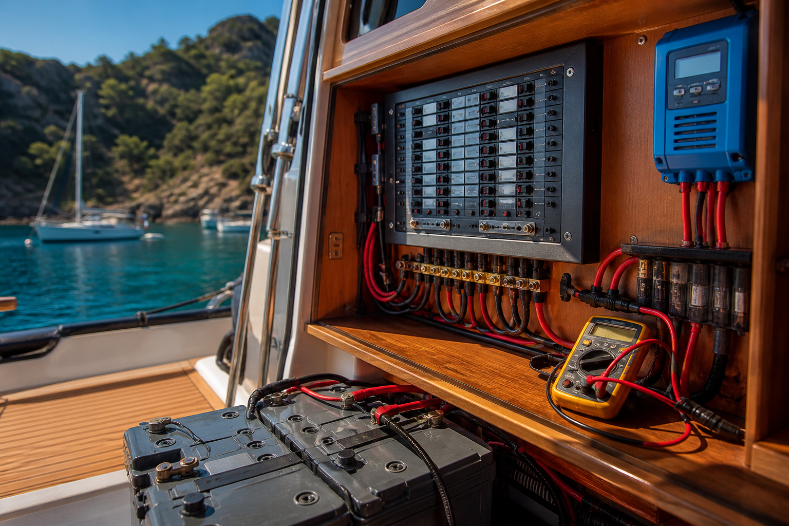 Tekne elektrik panosu ve akü grubu; sigortalar, kablolama ve şarj ünitesi bir arada
