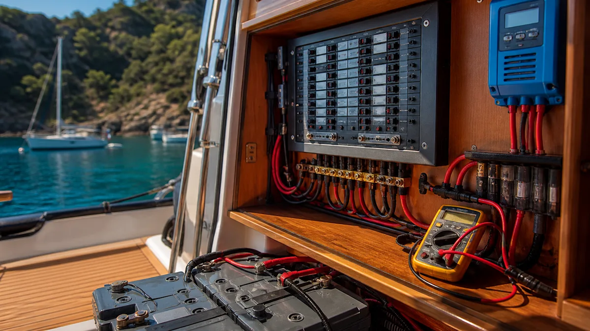 Tekne elektrik panosu ve akü grubu; sigortalar, kablolama ve şarj ünitesi bir arada