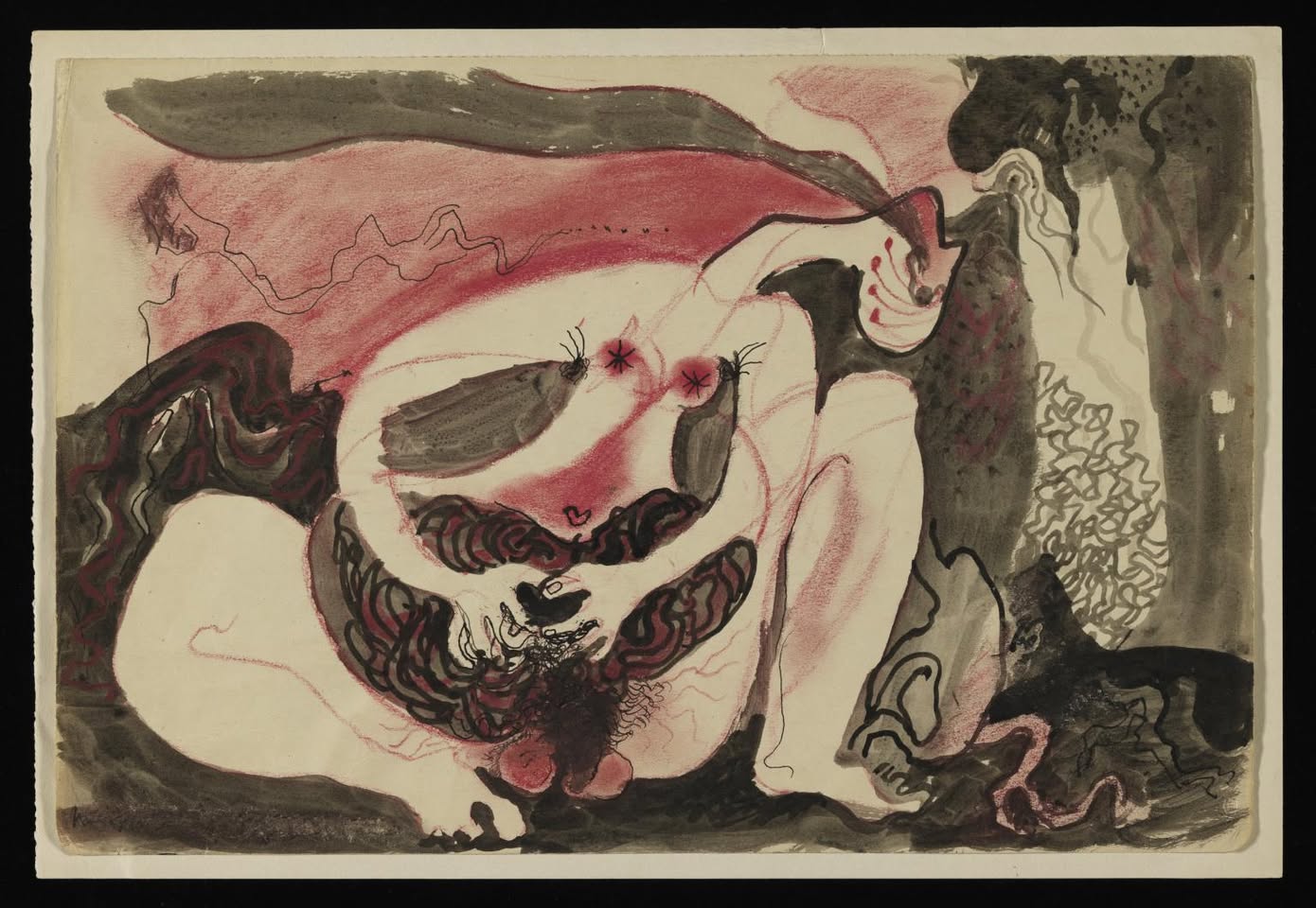 Keith Vaughan, Abstract drawing of a squatting naked figure clutching their genitals and exposed intestines (1943)