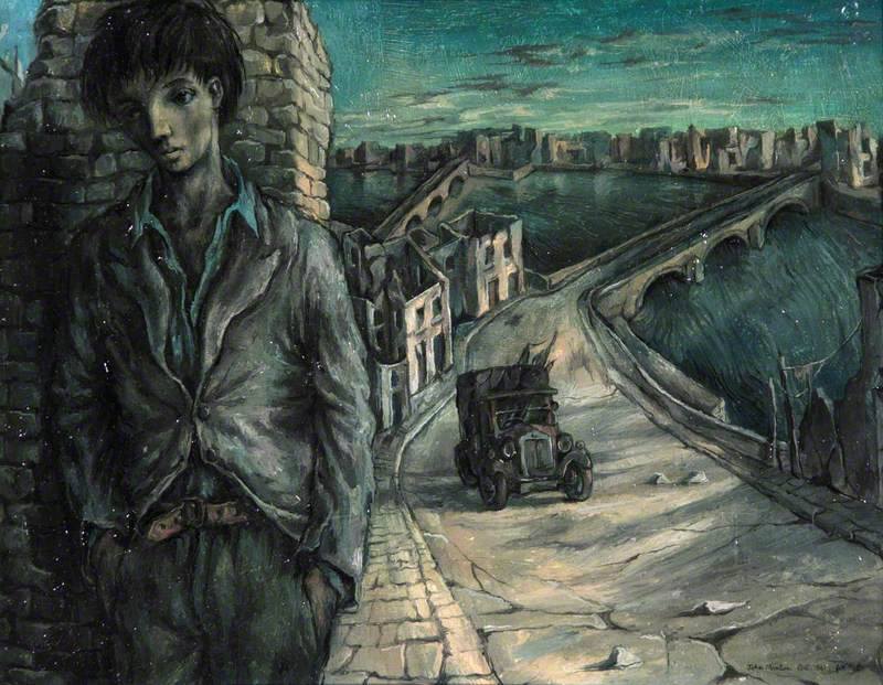 John Minton, Blitzed City with Self Portrait (1941)
