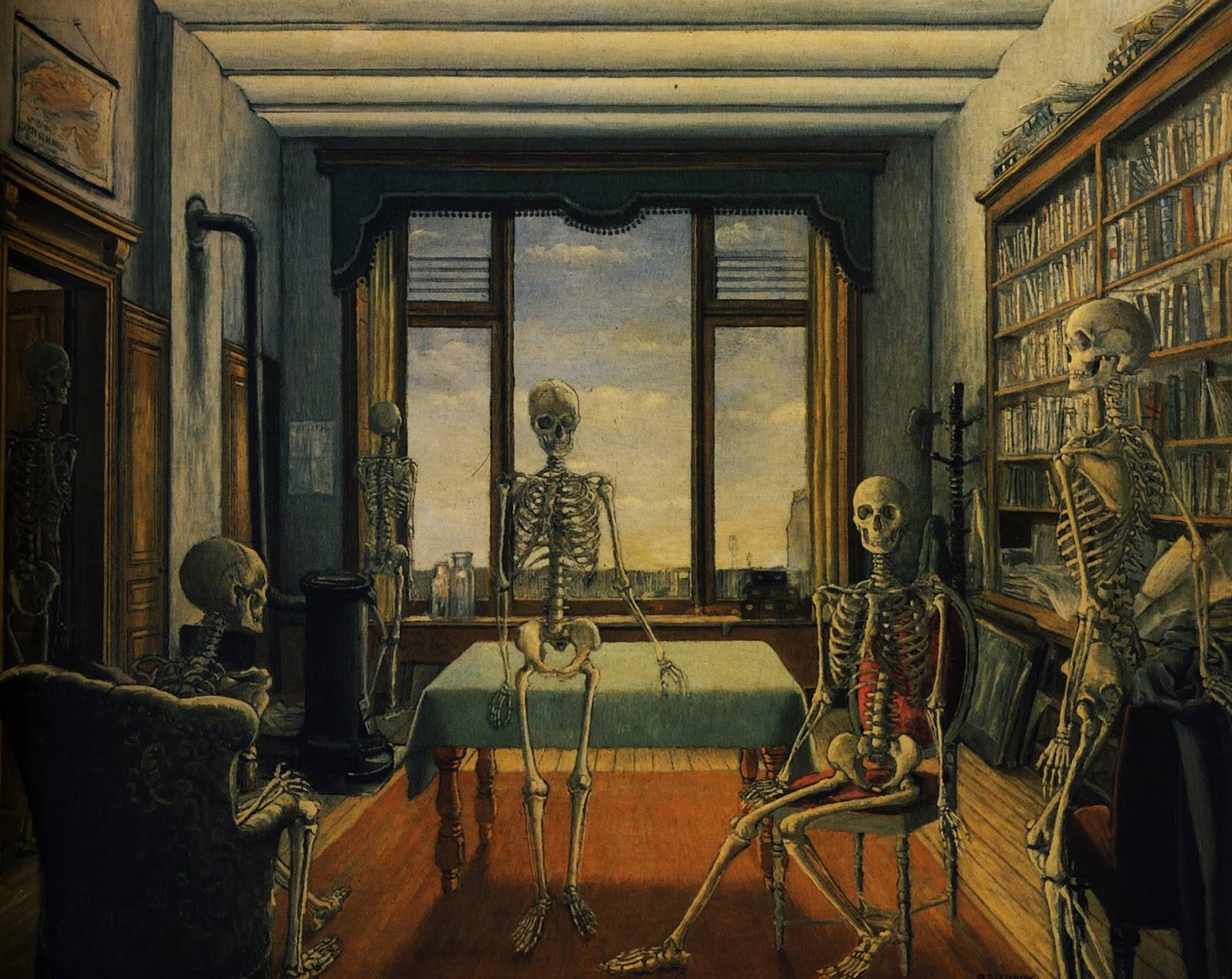 Paul Delvaux, Squelettes dans un bureau (1944)