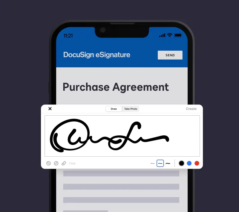 Phone screen showing a purchase order signed with DocuSign.

