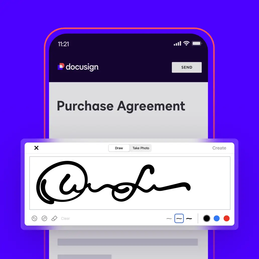 Phone screen showing a purchase order signed with DocuSign.

