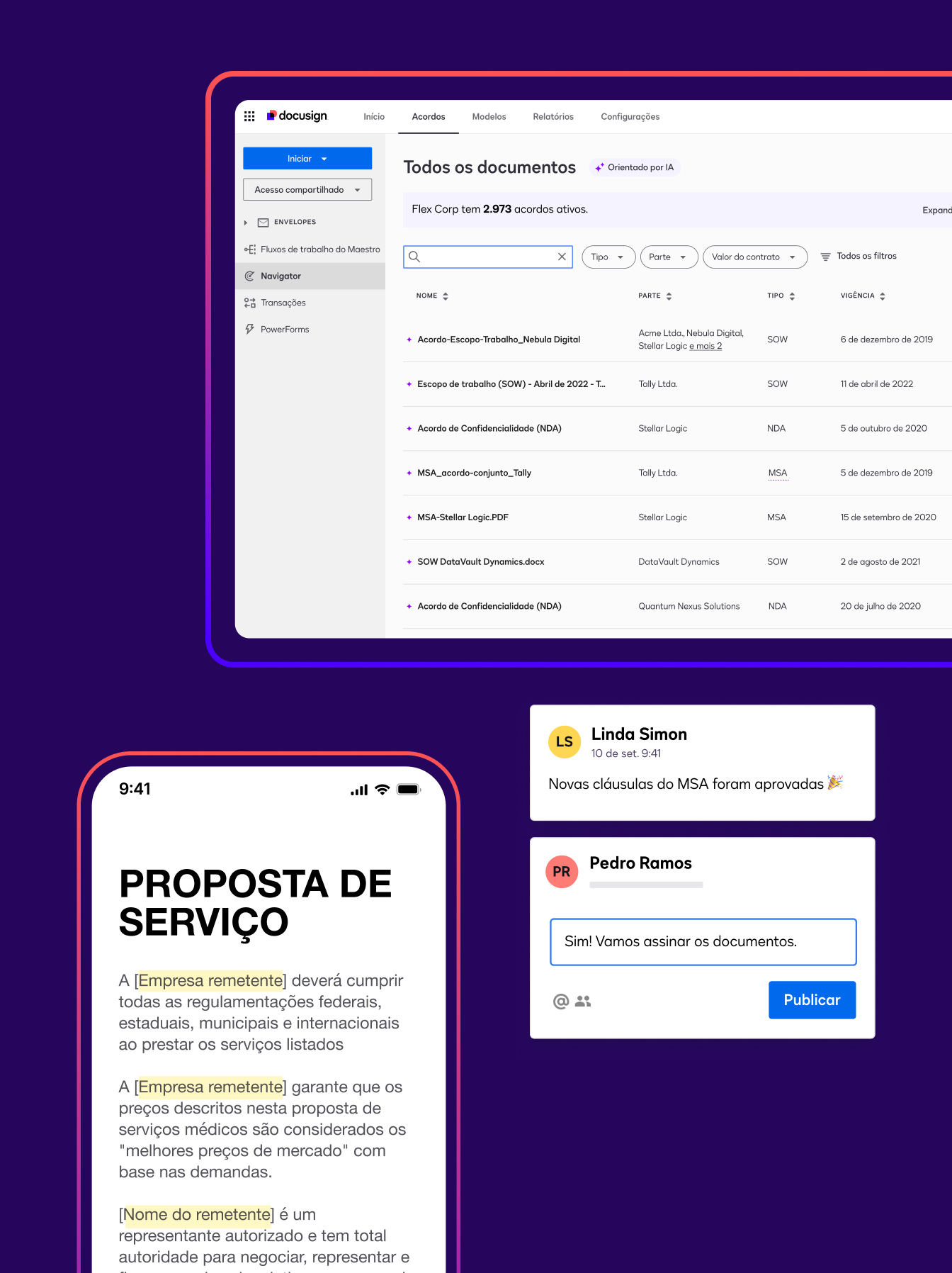 Recursos no Docusign IAM Core, incluindo uma notificação solicitando que um usuário assine uma proposta de serviço, um painel de documentos, comentários sobre um acordo e uma proposta de serviço com campos destacados.
