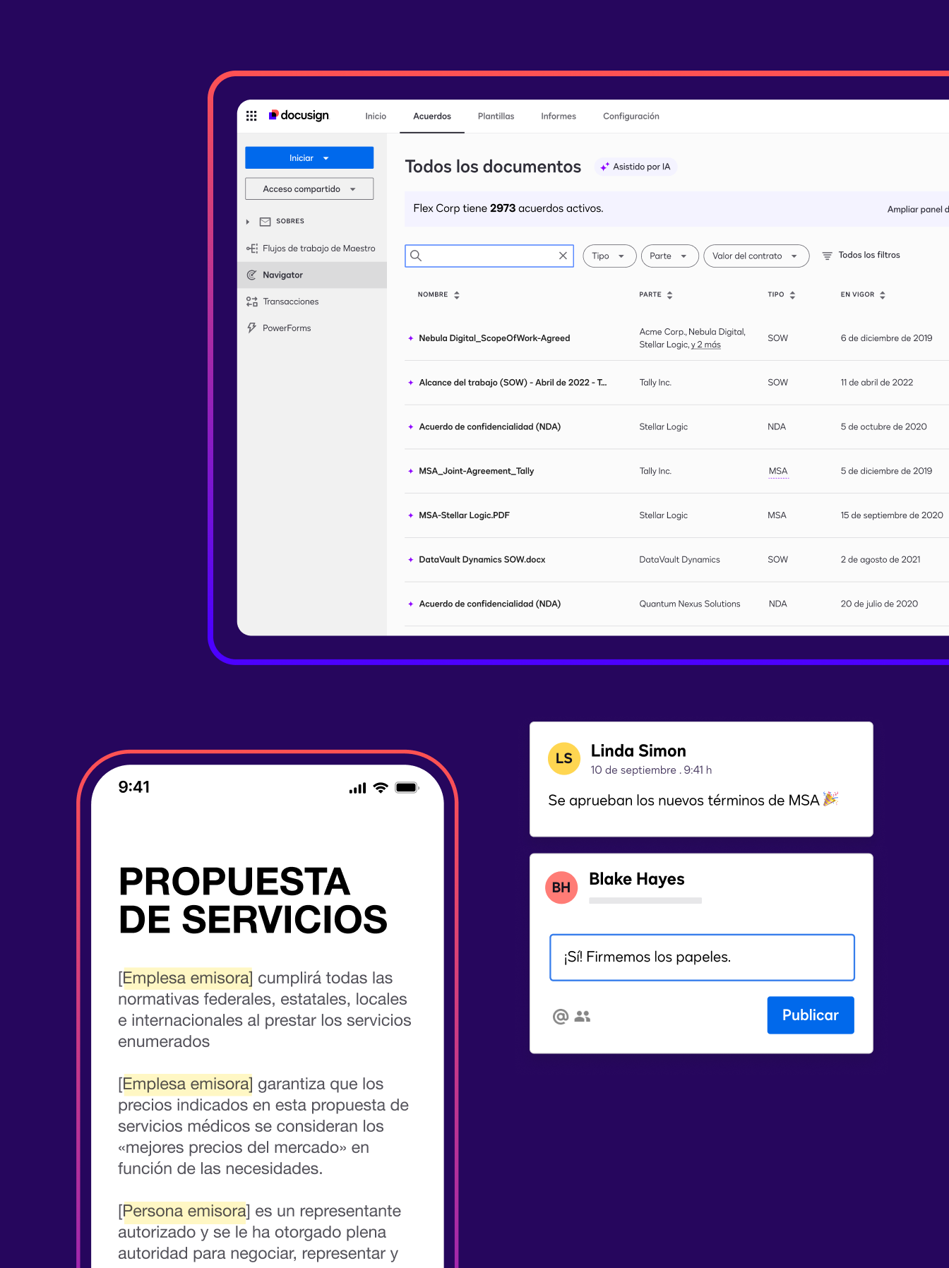 Características en Docusign IAM Core, incluyendo una notificación que solicita a un usuario firmar una propuesta de servicio, un panel de documentos, comentarios sobre un acuerdo y una propuesta de servicio con campos destacados.