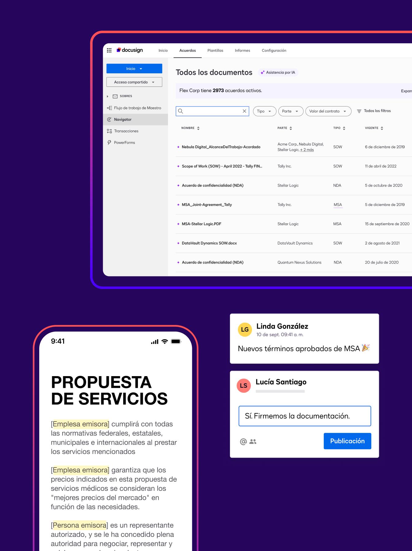 Características en Docusign IAM Core, incluyendo una notificación que solicita a un usuario firmar una propuesta de servicio, un panel de documentos, comentarios sobre un acuerdo y una propuesta de servicio con campos destacados.
