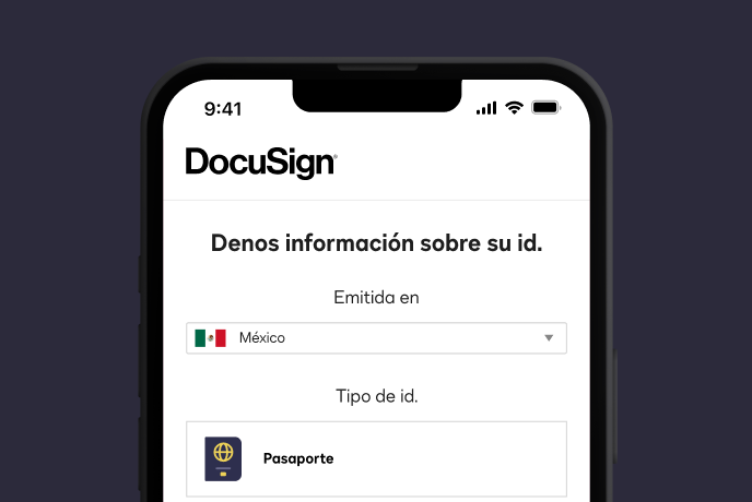 Captura de pantalla de DocuSign Identify en la que se solicitan detalles sobre el tipo de Id. que utiliza un usuario para demostrar su identidad.