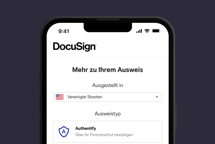 Screenshot von DocuSign Identify, der Details zum ID-Typ anfordert, den ein Benutzer verwendet, um seine Identität nachzuweisen.