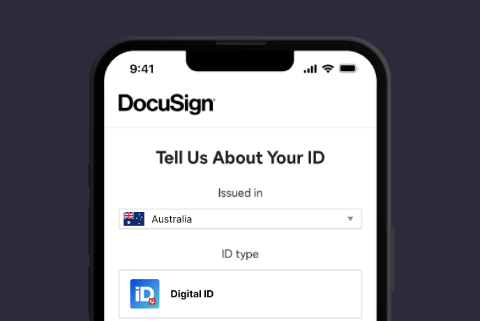 DocuSign Identify screenshot requesting details on the type of ID a user is using to prove their identity.