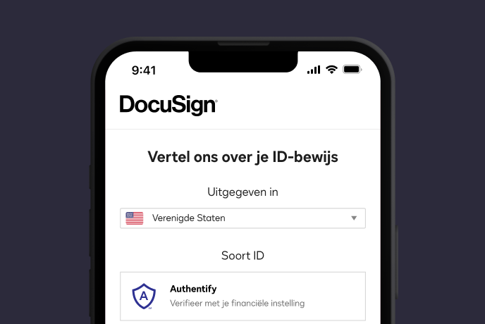 DocuSign Identify schermafbeelding waarin om details wordt gevraagd over het type ID dat een gebruiker gebruikt om de identiteit te bewijzen.