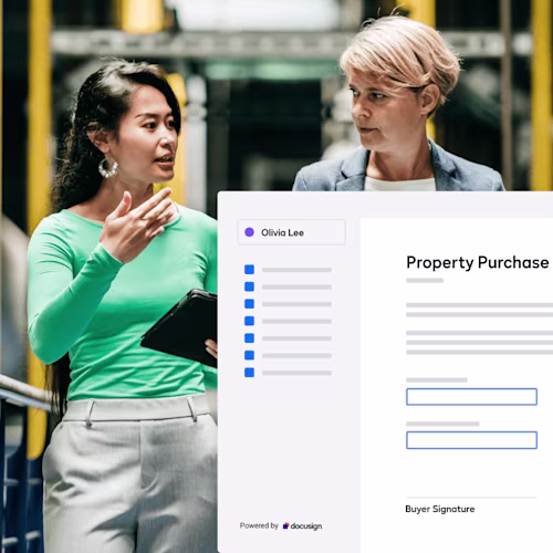 Two women walking with a screenshot overlay of a Property Purchase Agreement.