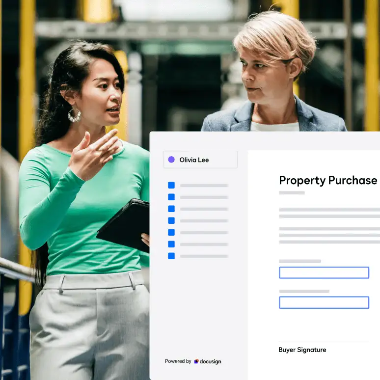 Two women walking with a screenshot overlay of a Property Purchase Agreement.