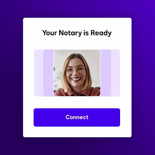 Connection screen for a notary on-demand platform featuring a smiling agent, the message "Your Notary is Ready," and a "Connect" button.