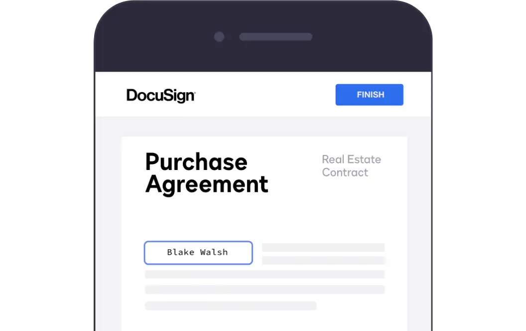 A real estate purchase agreement ready for signing using DocuSign on a mobile phone