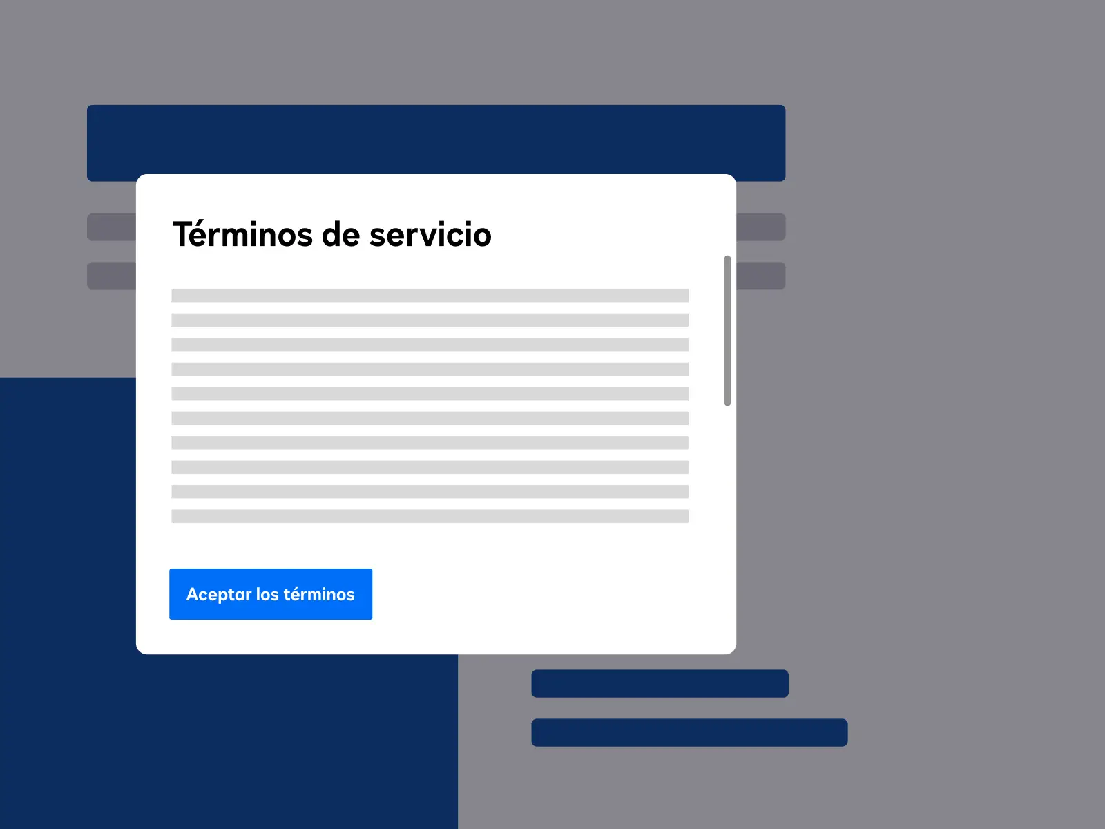 Arte digital de un sitio web emergente que dice “Términos de servicio”