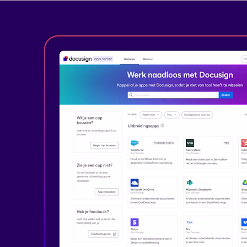 Screenshot of Docusign app center homepage featuring options to build apps, request apps, and provide feedback.