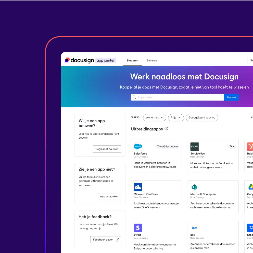 Screenshot of DocuSign app center homepage featuring options to build apps, request apps, and provide feedback.