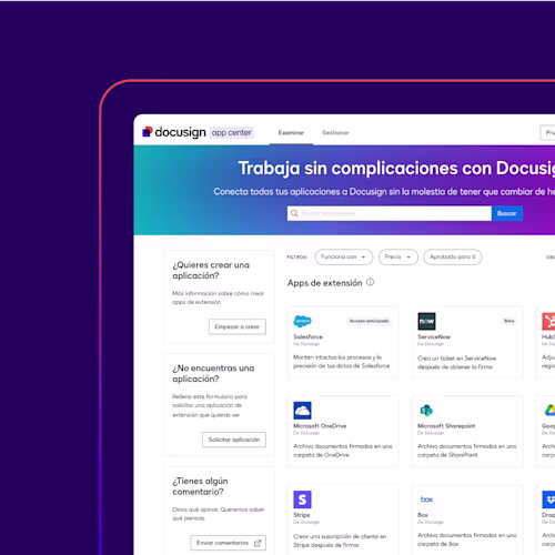 Screenshot of Docusign app center homepage featuring options to build apps, request apps, and provide feedback.