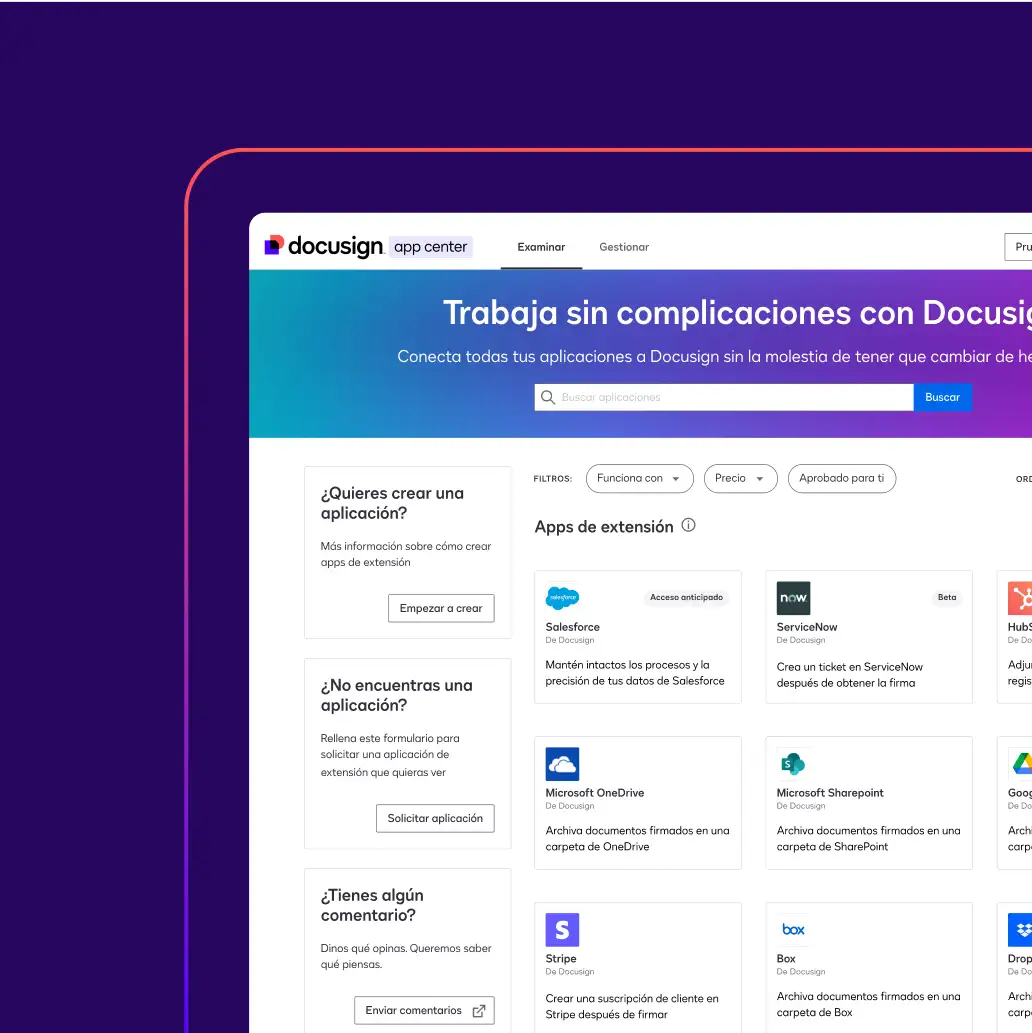 Screenshot of DocuSign app center homepage featuring options to build apps, request apps, and provide feedback.