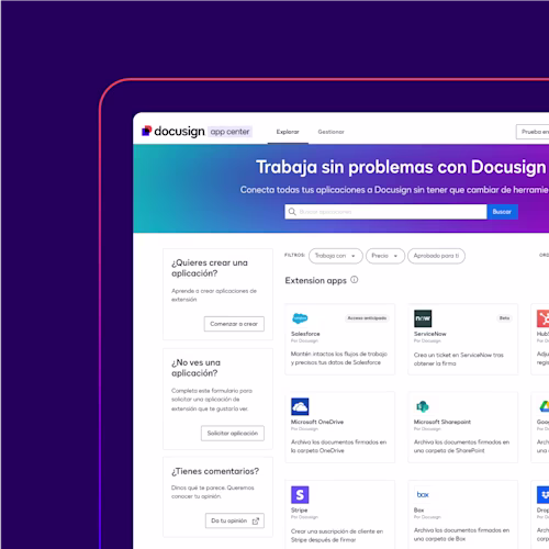 Screenshot of Docusign app center homepage featuring options to build apps, request apps, and provide feedback.