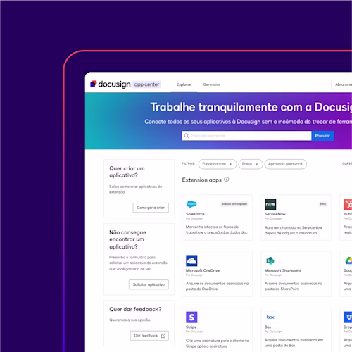 Screenshot of Docusign app center homepage featuring options to build apps, request apps, and provide feedback.