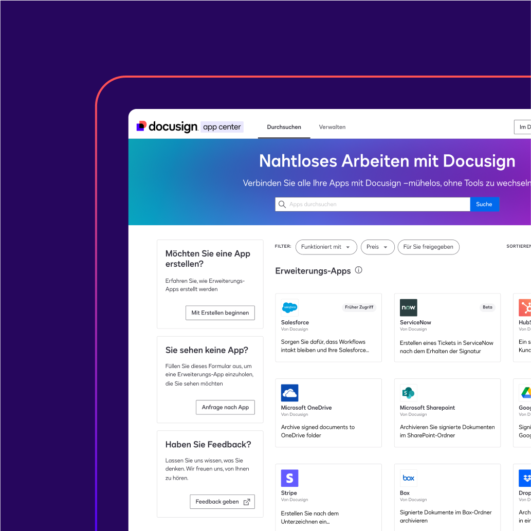 Ein Dashboard mit Erweiterungs-Apps mit ServiceNow, Salesforce, Vonage und mehr