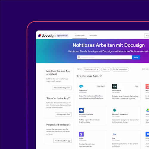 Screenshot of Docusign app center homepage featuring options to build apps, request apps, and provide feedback.
