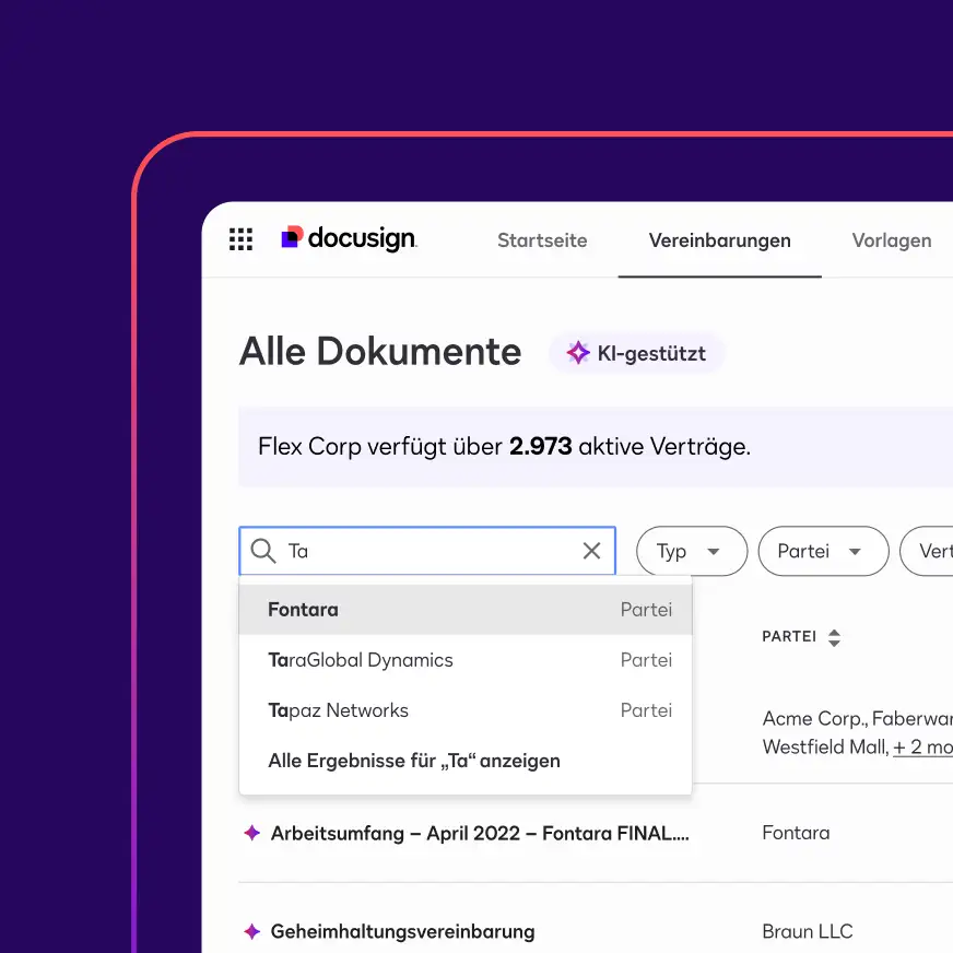 Auf einem Bildschirm in Docusign Navigator wird angezeigt, wie ein Nutzer einen Suchbegriff in die Suchleiste eingibt, um ein Dokument zu finden