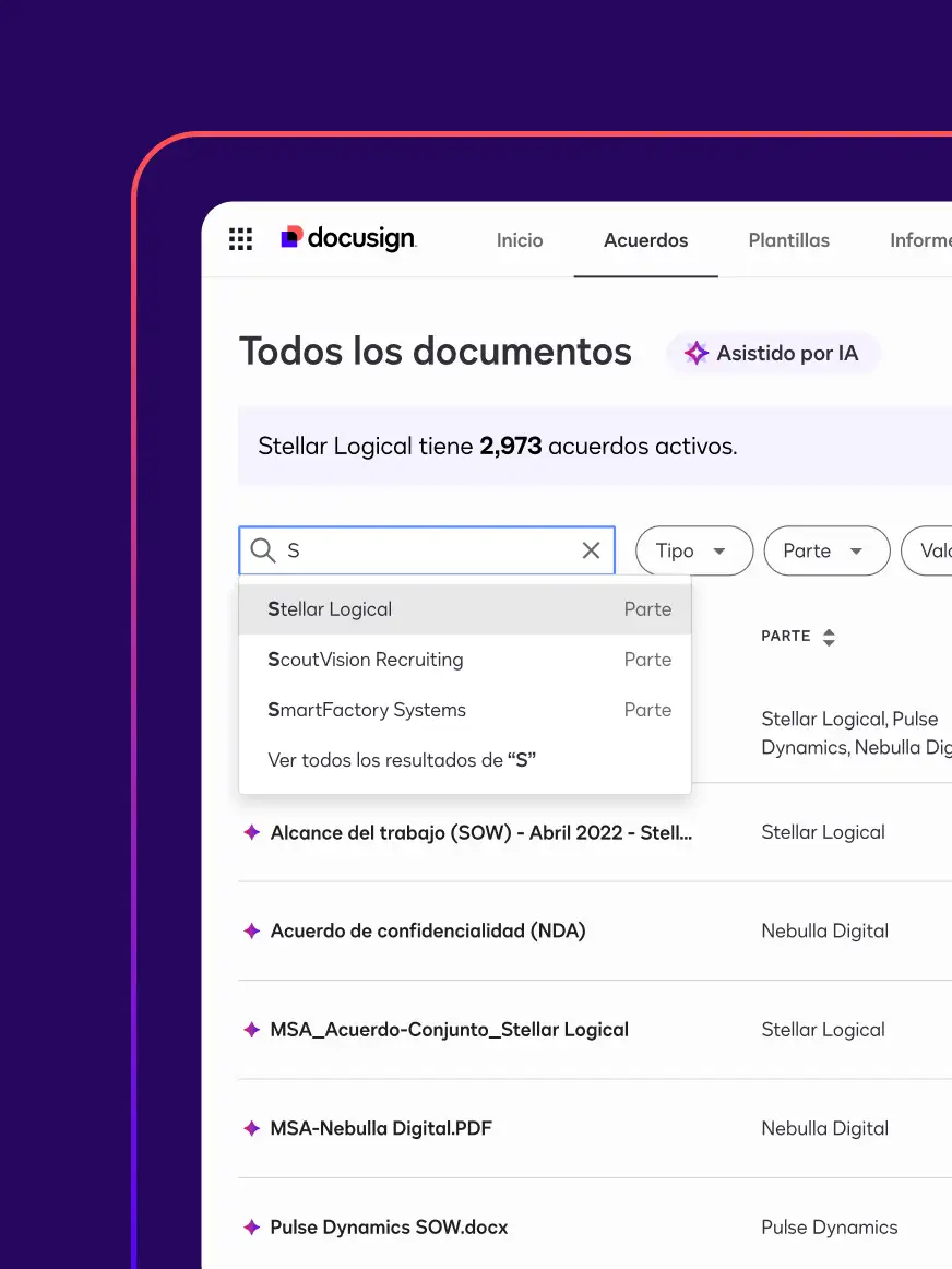Una pantalla en Docusign Navigator muestra a un usuario introduciendo un término de búsqueda en la barra de búsqueda para encontrar un documento.