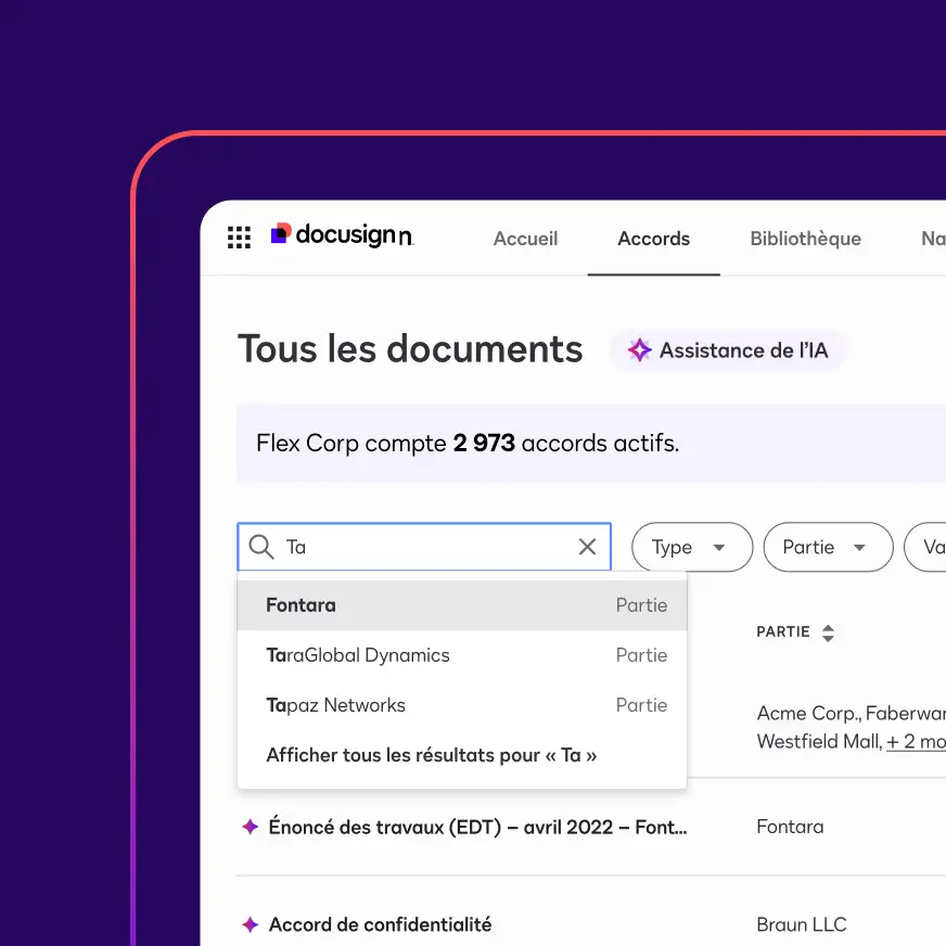 Un écran dans Docusign Navigator montre un utilisateur saisissant un terme de recherche dans la barre de recherche pour trouver un document