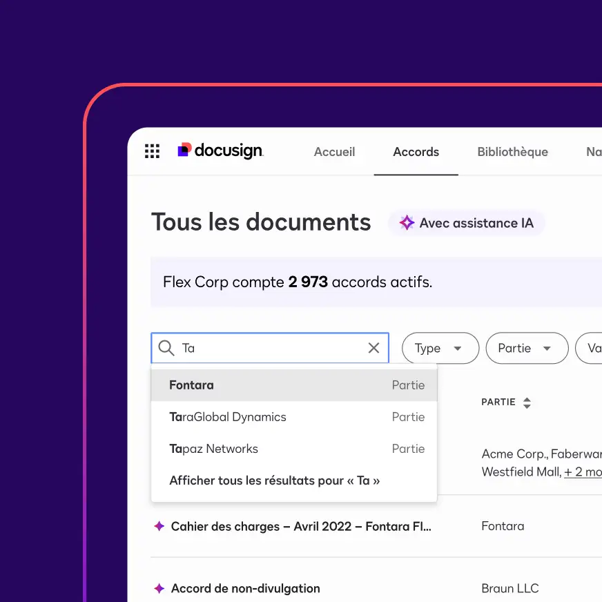 Un écran dans Docusign Navigator montrant un utilisateur saisissant un terme dans la barre de recherche afin de trouver un document