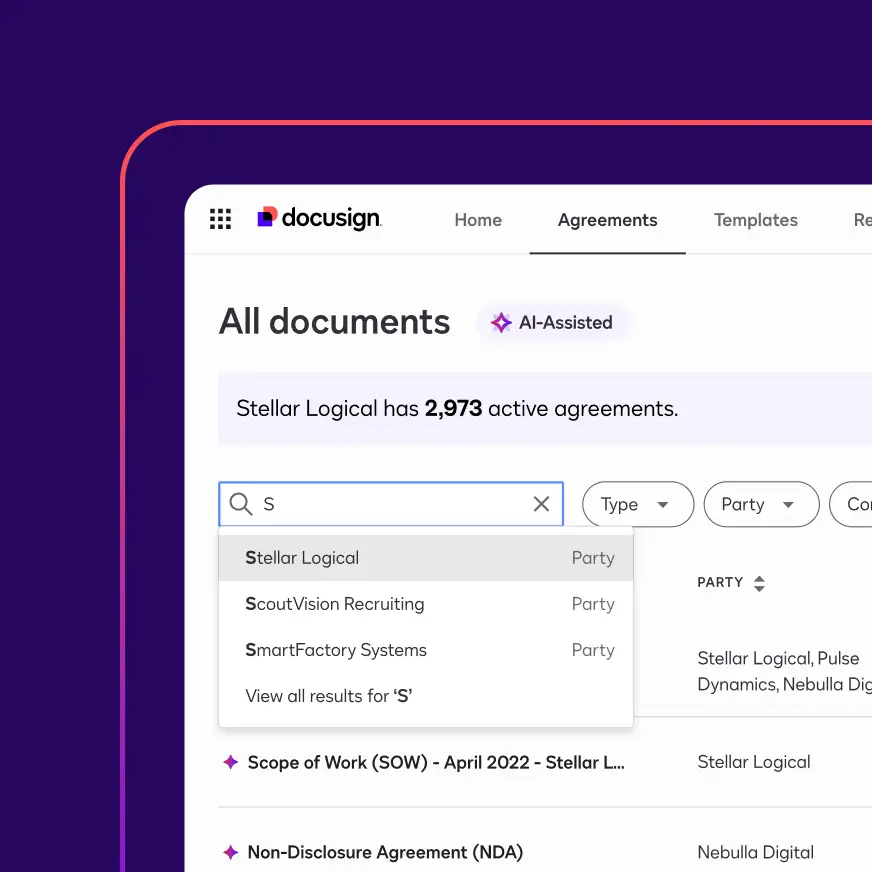 A screen in Docusign Navigator shows a user putting a search term into the search bar to find a document