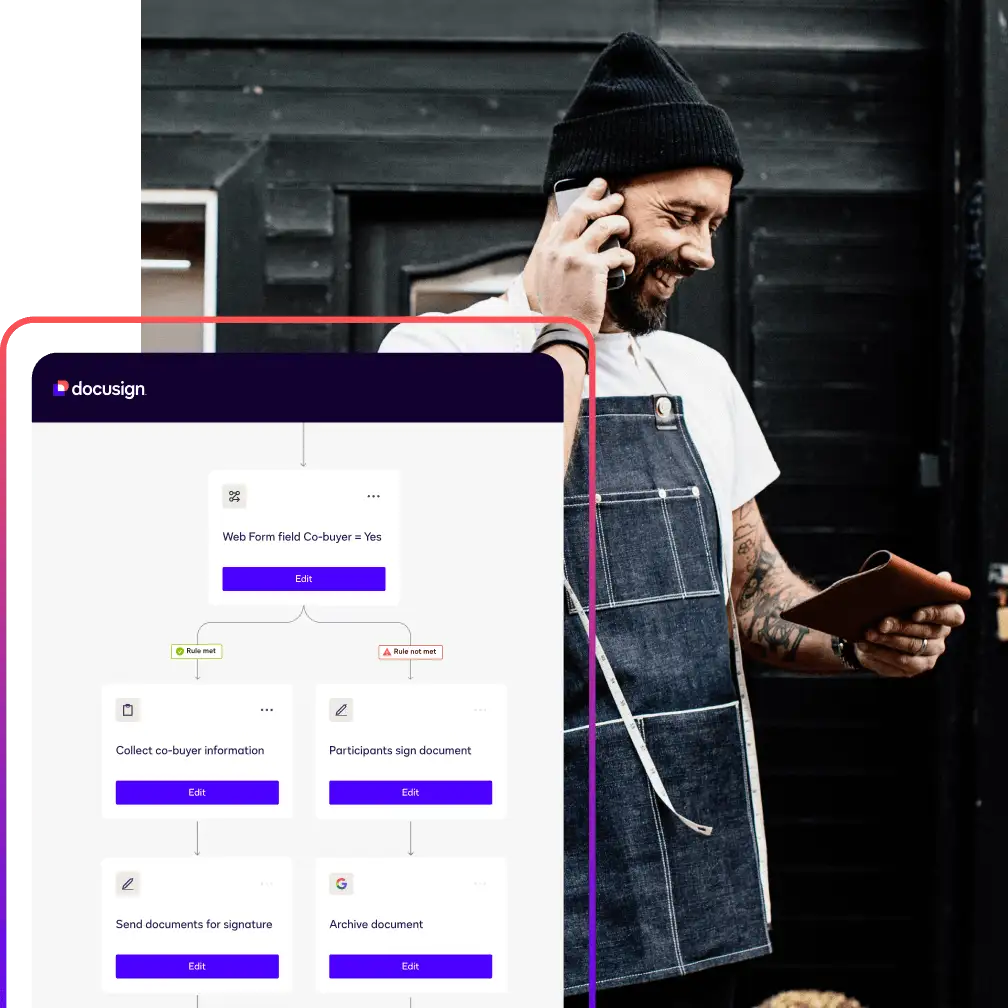 A waiter working on a tablet overlaid with an agreement workflow in Docusign Maestro