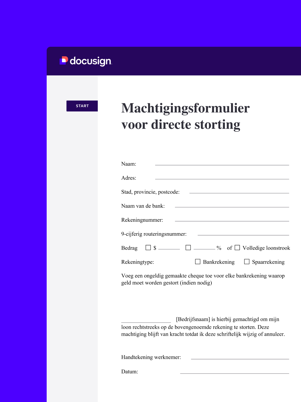 Een machtigingsformulier voor automatische deposit in Docusign eSignature