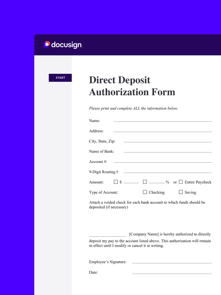 A direct deposit authorization form in DocuSign eSignature