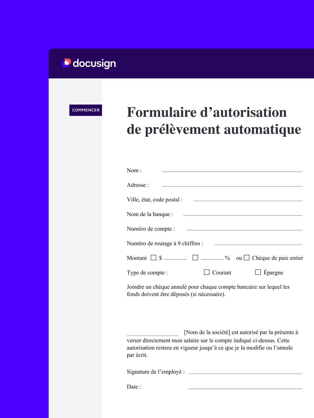 Un formulaire d’autorisation de virement automatique dans Docusign eSignature